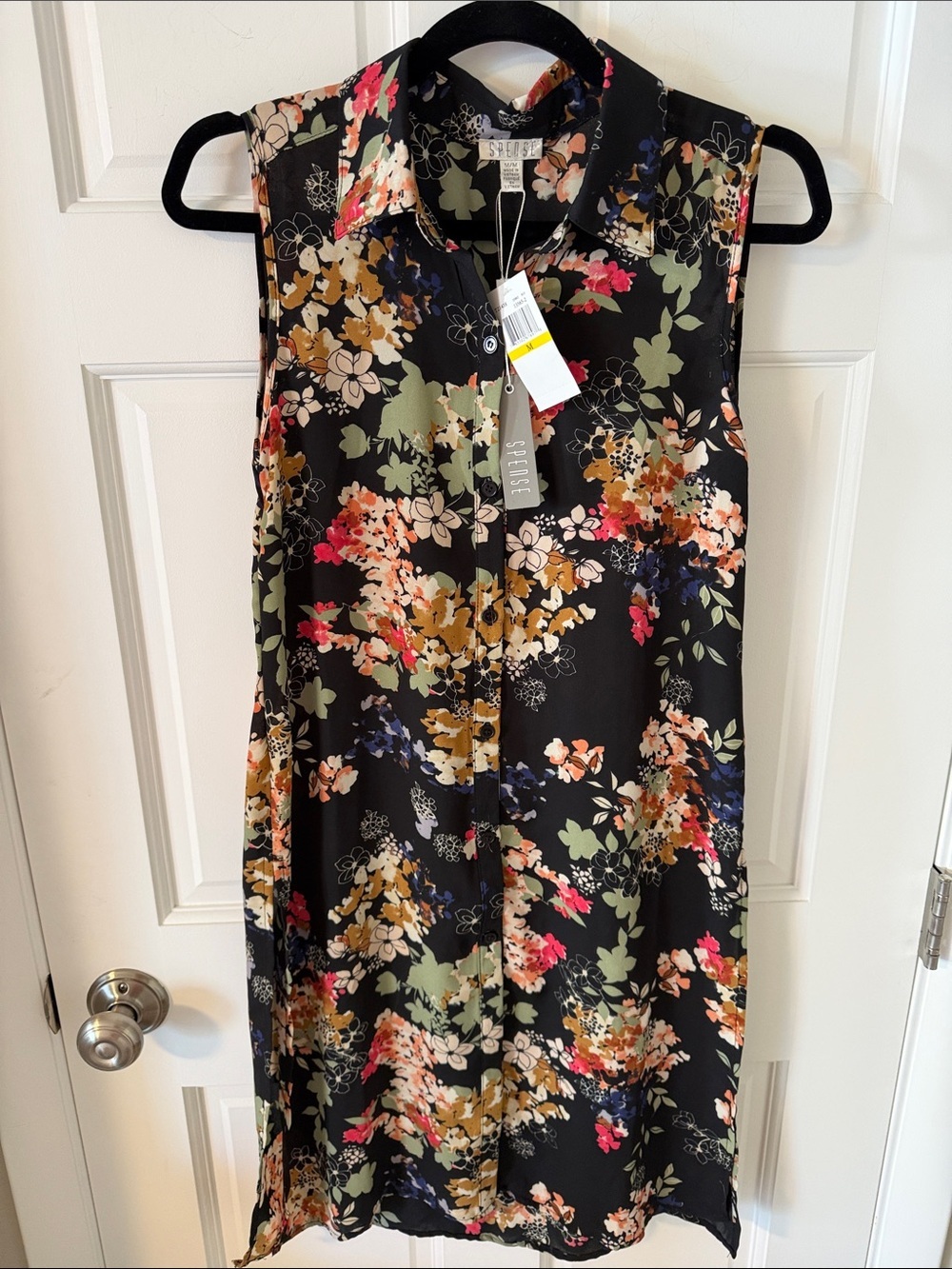 Spense Black Sleeveless Button Down Long Floral Tunic Side Slits Size Medium